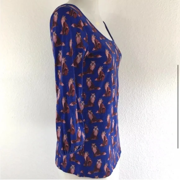 ANTHROPOLOGIE Forest Fete Novelty Fox Print 3/4 Sleeve Top Blue M As Seen On TV - Picture 6 of 13